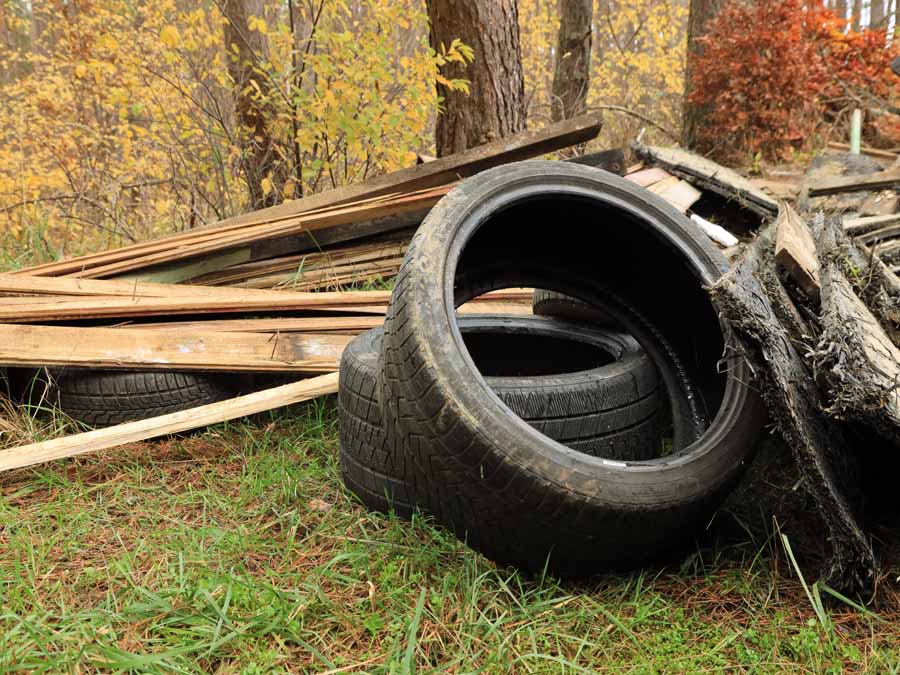große Reifen und Bauholzreste liegen im Wald