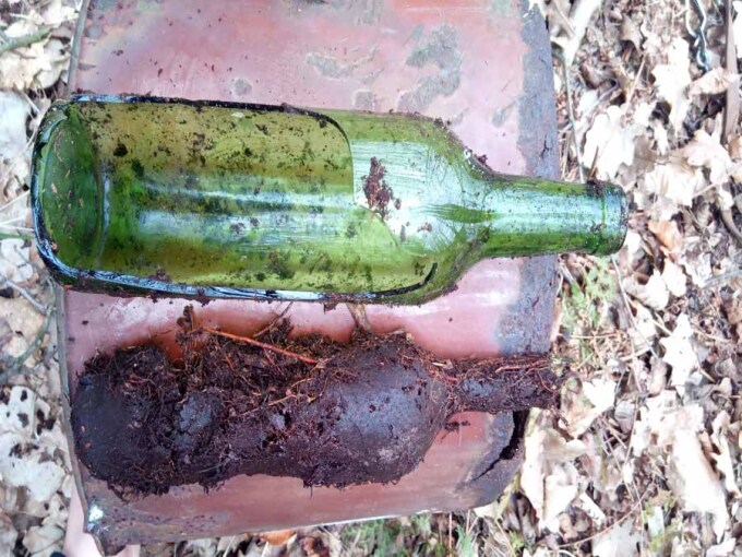 eine zerbrochene grüne Flasche mit durchwurzelter Erde