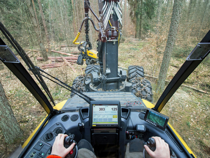 Blick aus einem Harvester während des Stammzuschnittes
